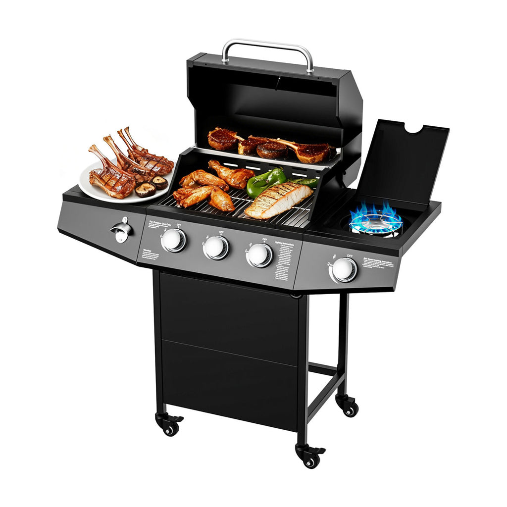 40,000 Btu Propane Grill, 3 Burner Bbq Barbecue Gas Grill With Side Burner And Stainless Steel Grates For Patio, Camping, Outdoor Cooking