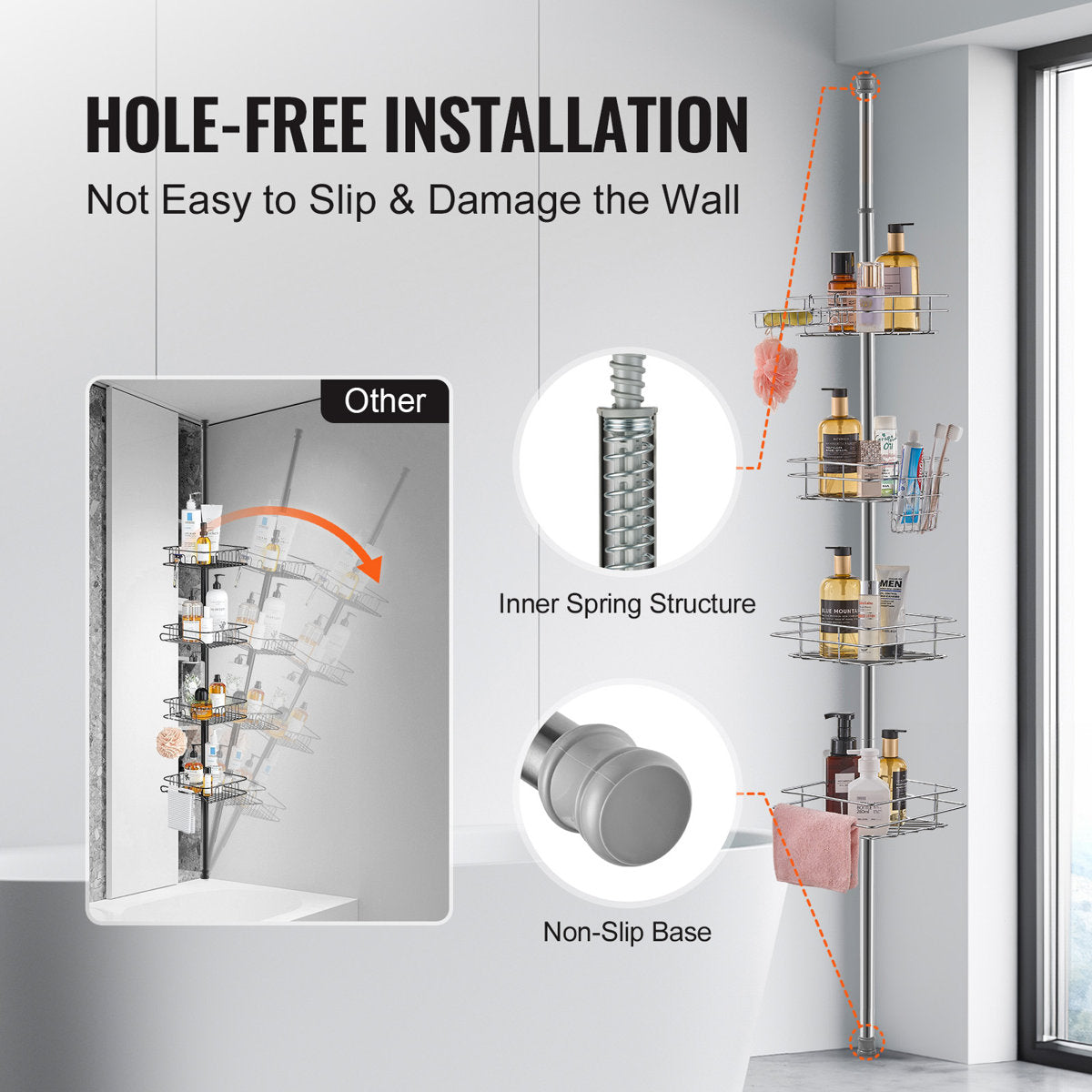 42" to 114" High Shower Corner Caddy Tension Pole Rust-Proof Tension Pole in Square Shape