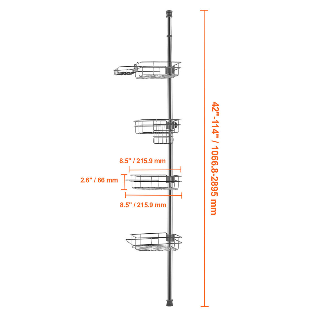 42" to 114" High Shower Corner Caddy Tension Pole Rust-Proof Tension Pole in Square Shape