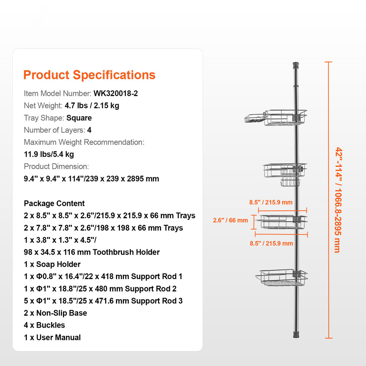42" to 114" High Shower Corner Caddy Tension Pole Rust-Proof Tension Pole in Square Shape