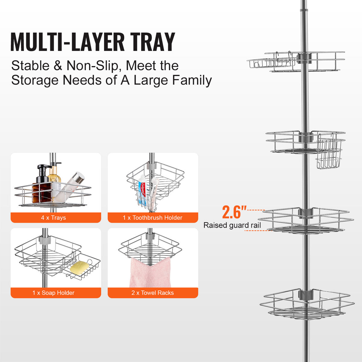 42" to 114" High Shower Corner Caddy Tension Pole Rust-Proof Tension Pole in Square Shape