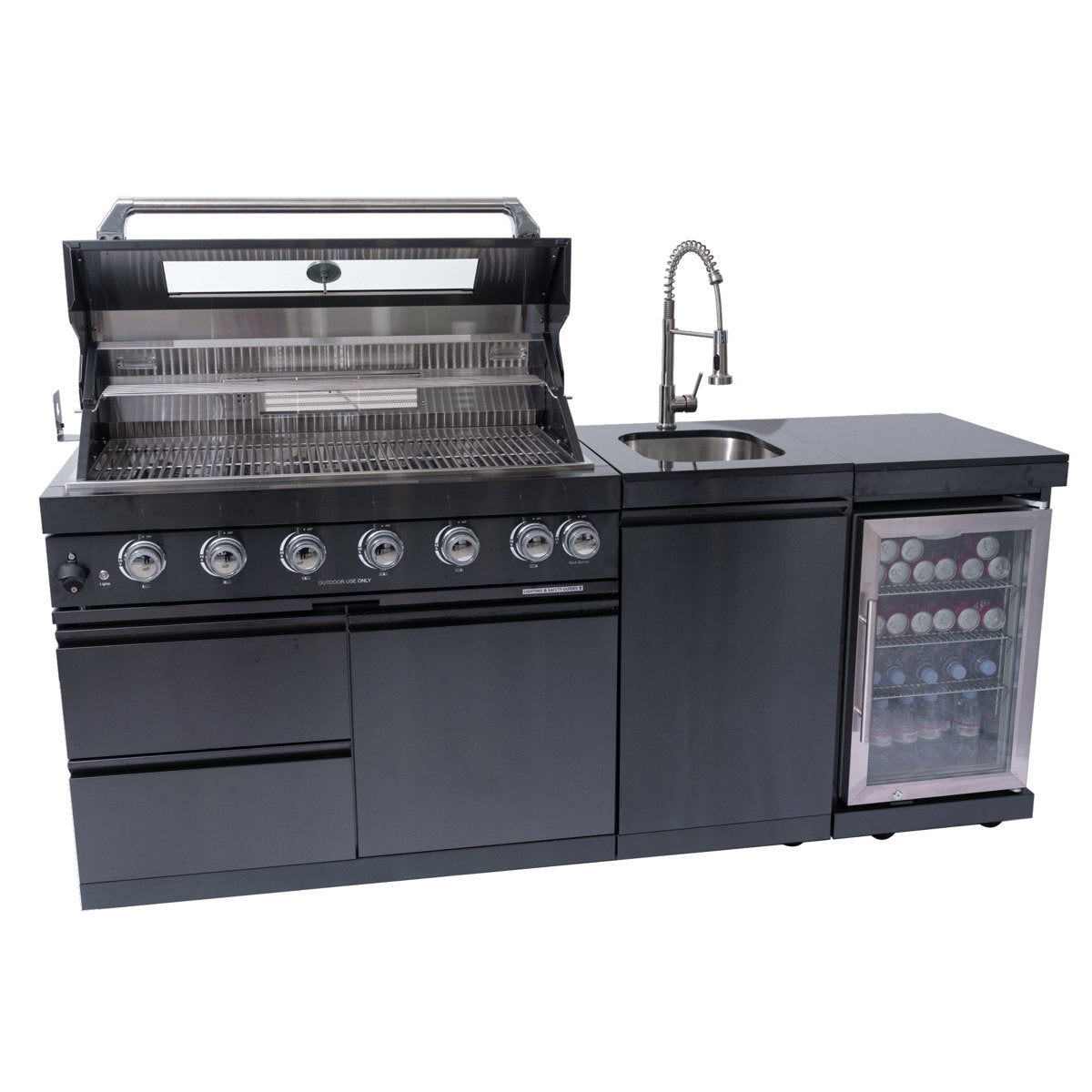 43-Inch 6-Burner 85000 BTU Deluxe Stainless Steel Gas Outdoor Kitchen Bar Barbecue Island Grill + Wine Cooler Compact Refrigerator + Rotisserie Kit + Granite Countertops + Stainless Steel Sink