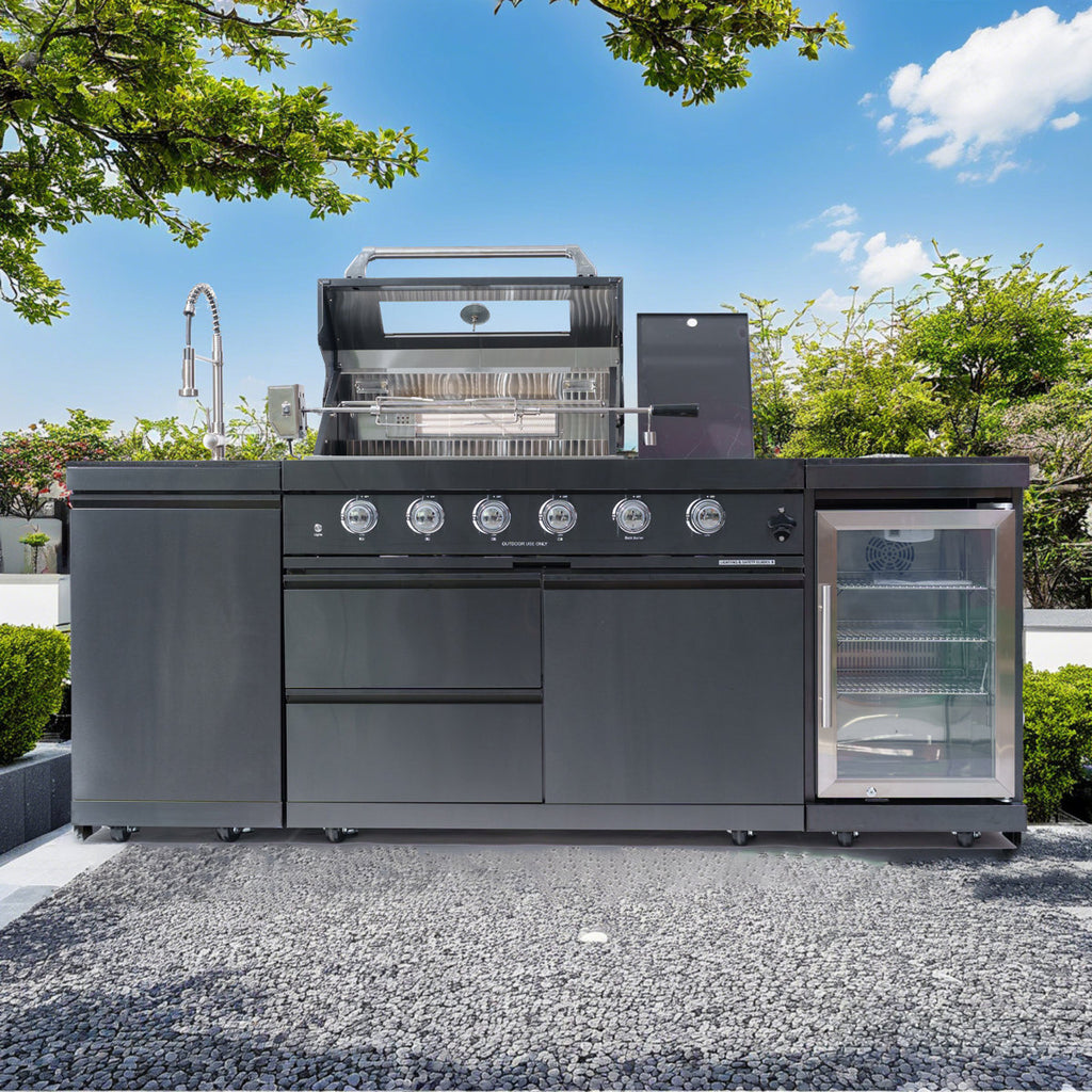 46-Inch 4-Burner 72000 BTU Deluxe Stainless Steel Gas Outdoor Kitchen Bar Barbecue Island Grill + Wine Cooler Compact Refrigerator + Rotisserie Kit + Granite Countertops + Stainless Steel Sink