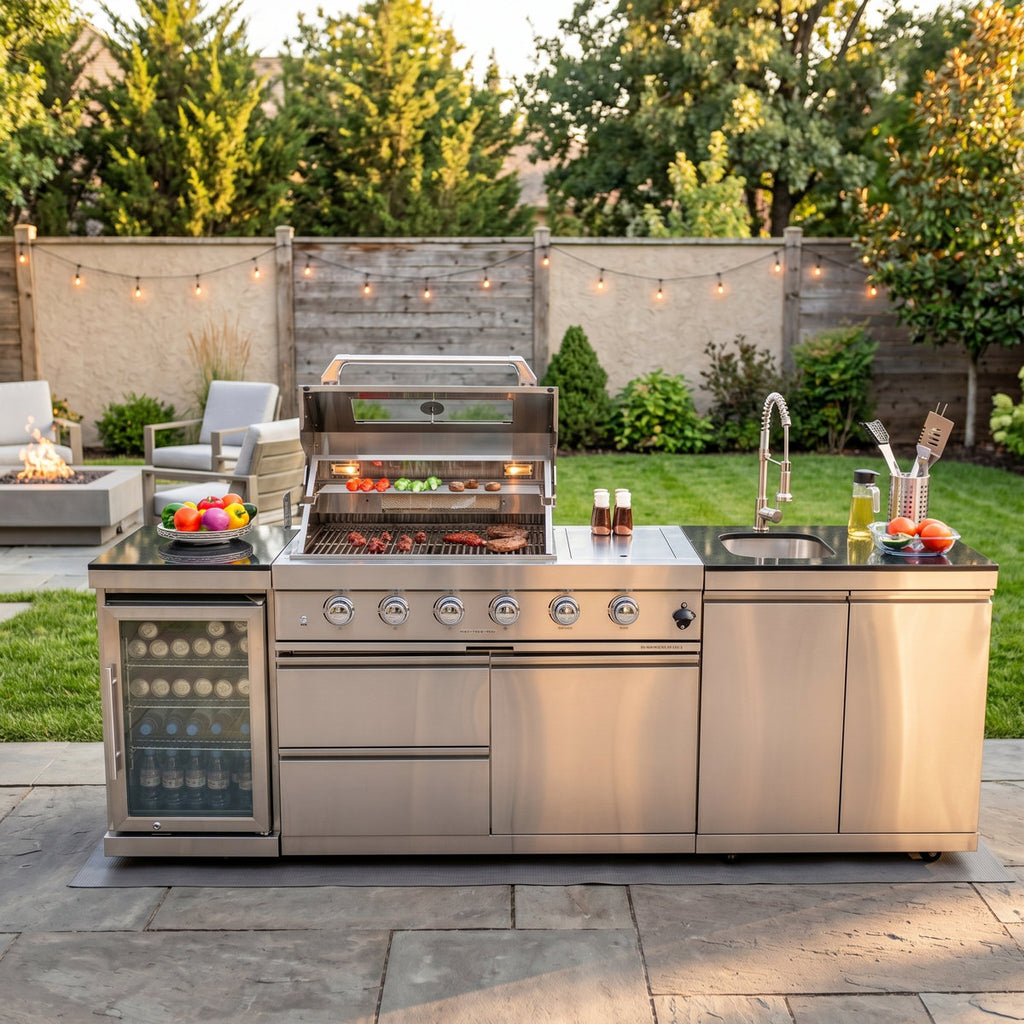 46" Outdoor Kitchen Grill Island, 4-Burner 72,000 BTU Natural Gas Grill With Refrigerator & Storage