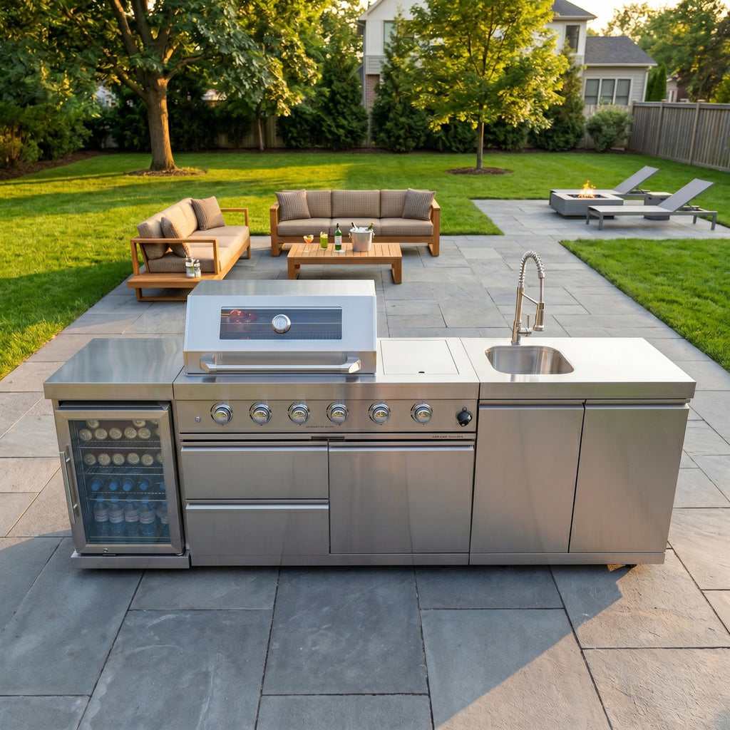 46" Outdoor Kitchen Grill Island, 4-Burner 72,000 BTU Natural Gas Grill With Refrigerator & Storage