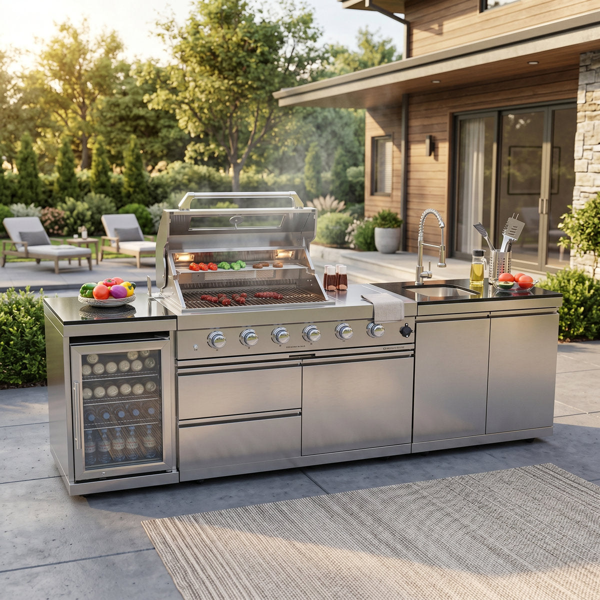 46" Outdoor Kitchen Grill Island, 4-Burner 72,000 BTU Natural Gas Grill With Refrigerator & Storage