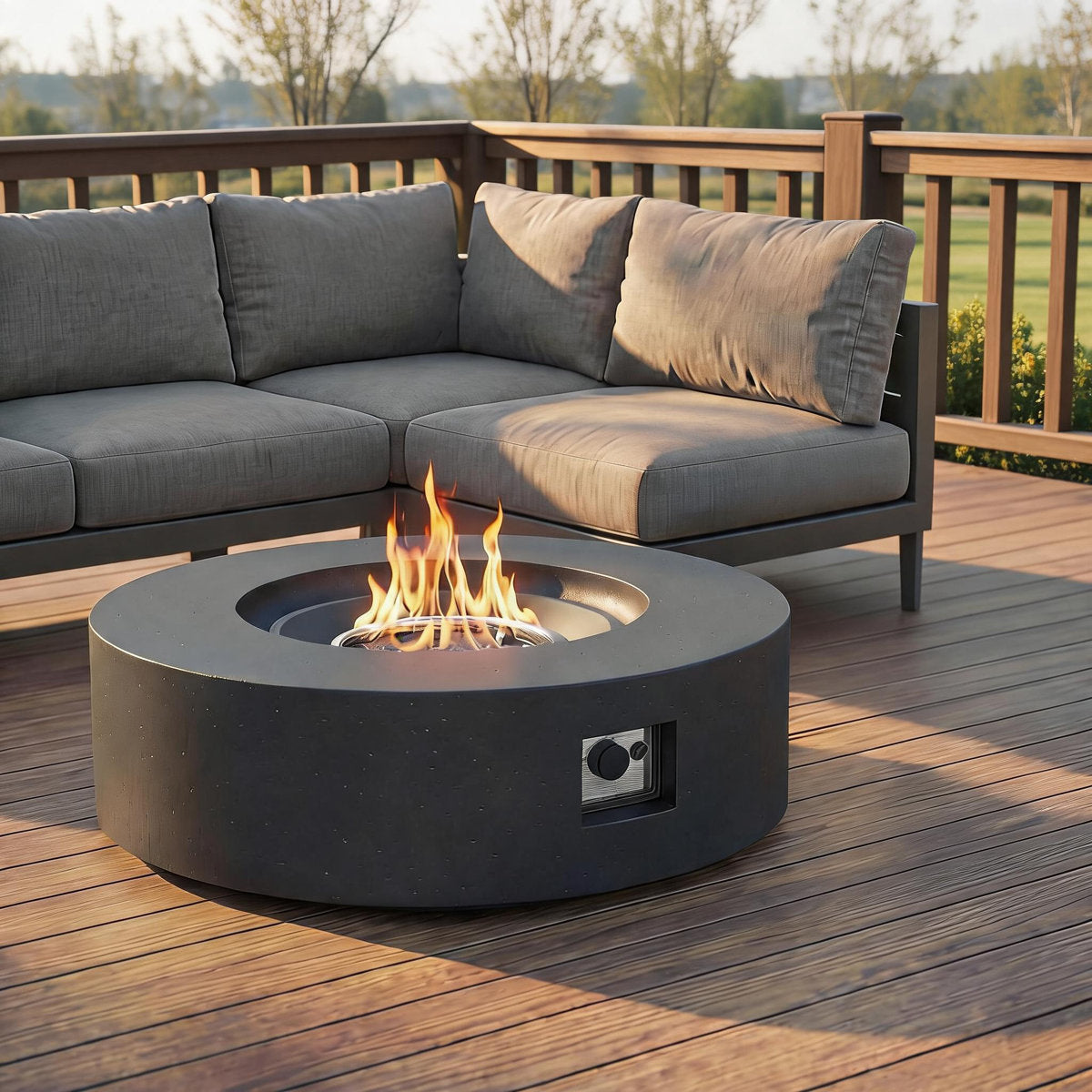 48" Propane Fire Pit Table, 50,000 BTU Concrete Round Base, Lava Rocks & SS Burner, Gray (No Tank Cover)