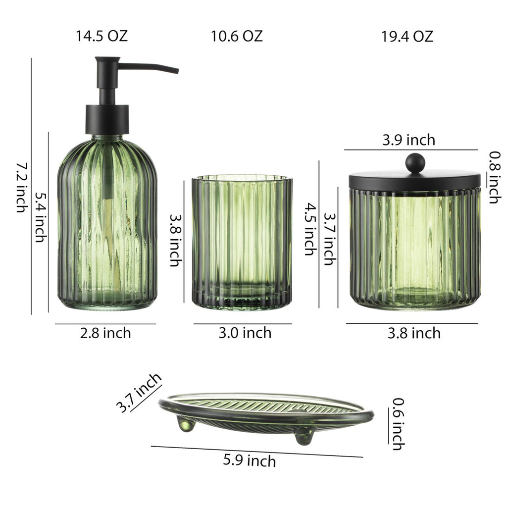 4Pcs Heavy Weight Decent Glass Bathroom Accessories Set With Decorative Pressed Pattern - Includes Soap Dispenser, Lidded Cotton Jar, Tumbler And Soap Dish(Olive Green)