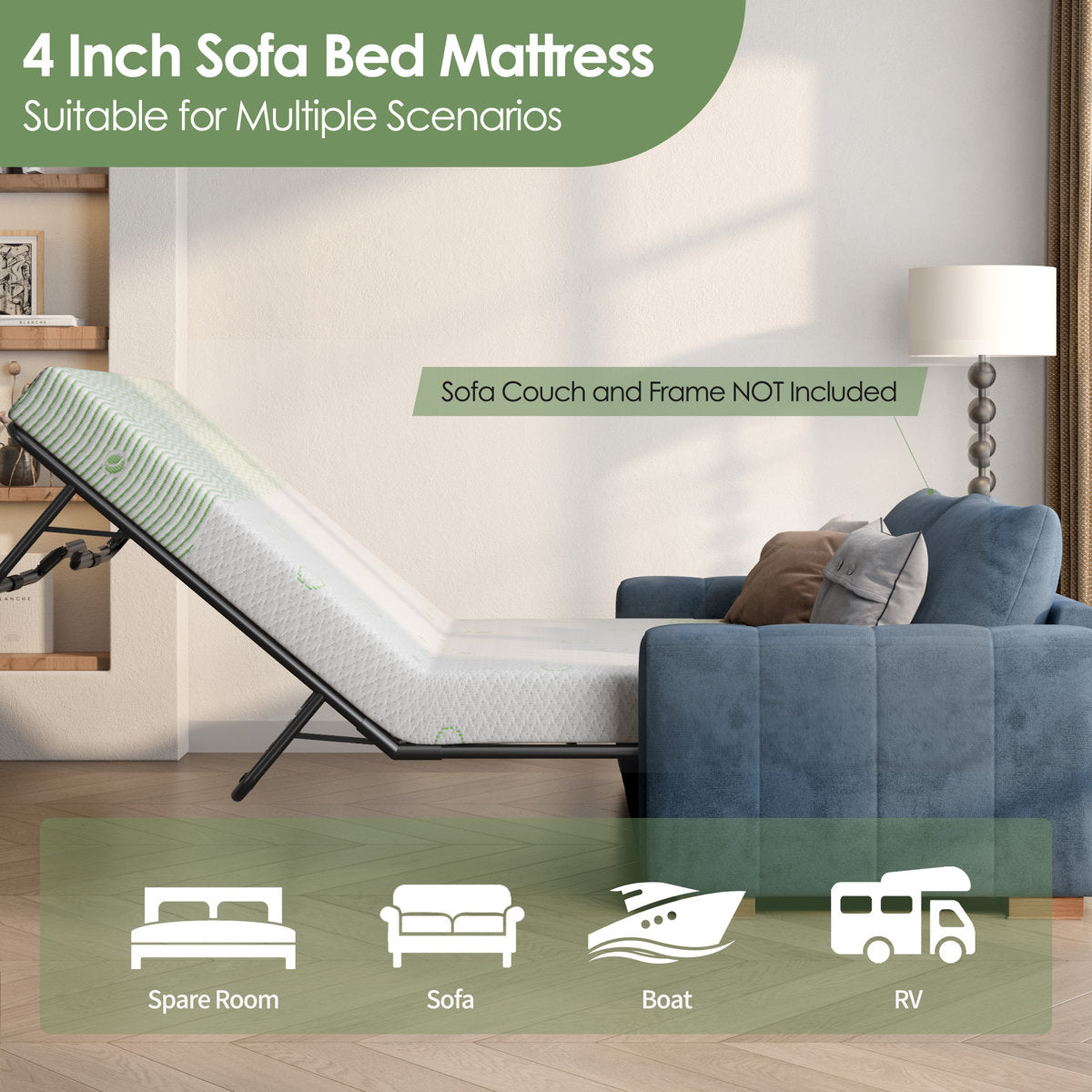 4" Gel Memory Foam Mattress for Sofa Bed, Mattress Replacement For Sleeper Sofa, Couch Bed, Guest Rooms, Rvs & Boats - MATTRESS ONLY