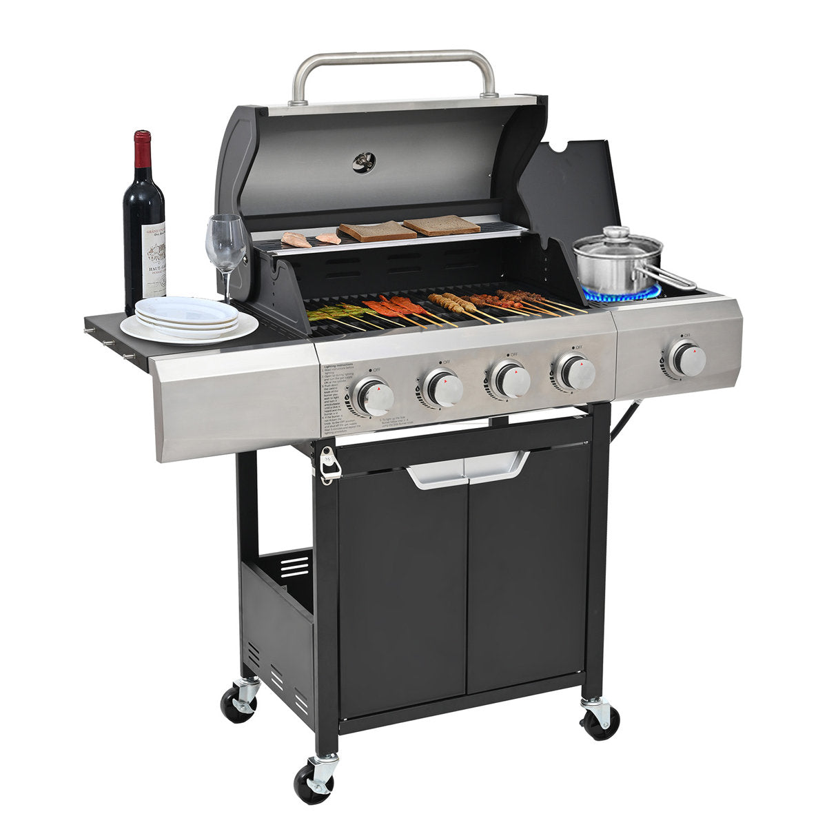 4 Burner Propane Bbq Grill, With Side Burner & Cover, Stainless Steel Outdoor Barbecue Grill