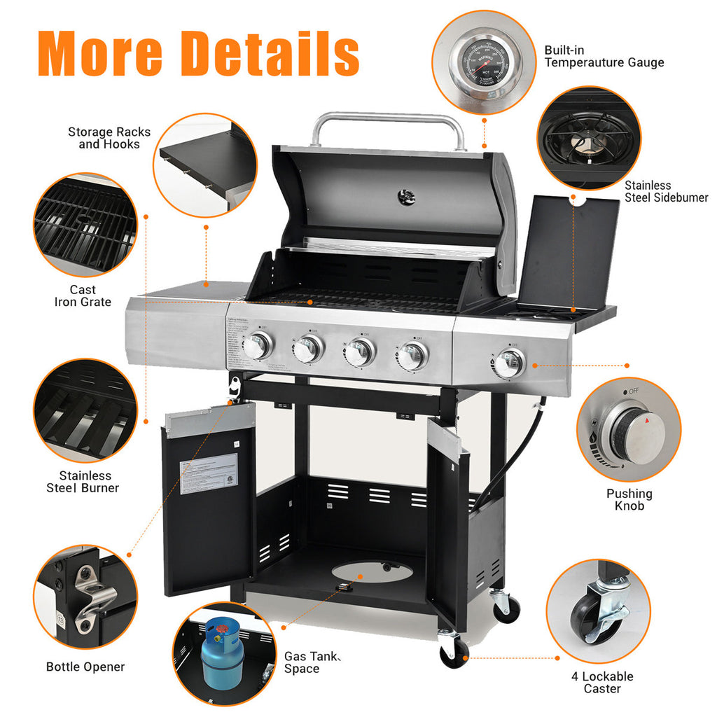 4 Burner Propane Bbq Grill, With Side Burner & Cover, Stainless Steel Outdoor Barbecue Grill