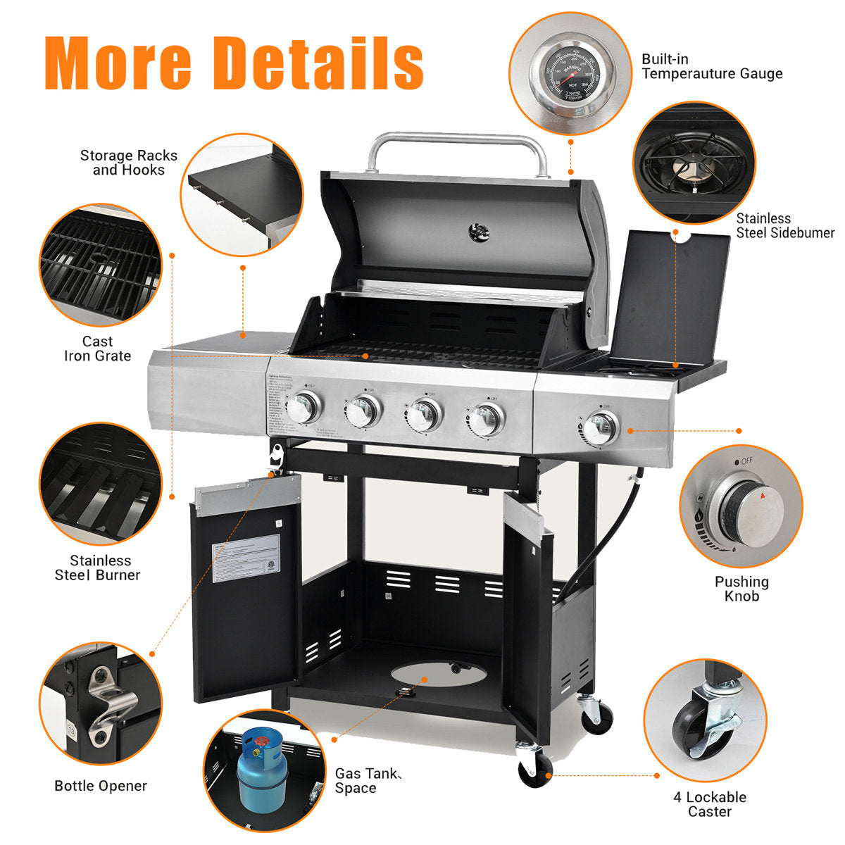 4 Burner Propane Bbq Grill, With Side Burner & Cover, Stainless Steel Outdoor Barbecue Grill