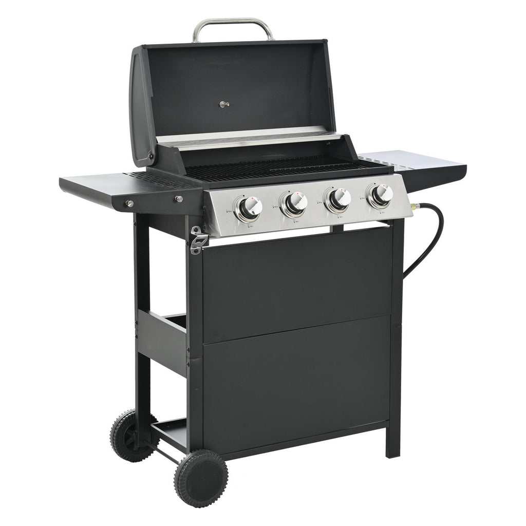 4 Burner Propane Gas Grill, Stainless Steel Construction, 34,000 , With Two Convenient Shelves And Wheels For Courtyard Barbecue Lid, Shelves, Mobile Garden Party