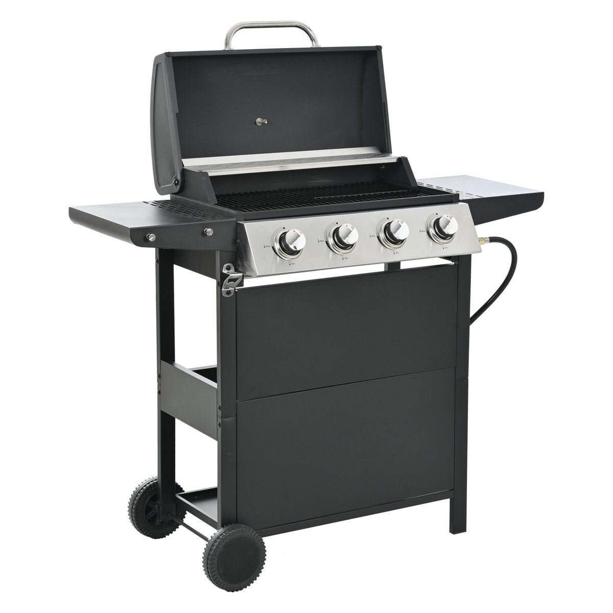 4 Burner Propane Gas Grill, Stainless Steel Construction, 34,000 , With Two Convenient Shelves And Wheels For Courtyard Barbecue Lid, Shelves, Mobile Garden Party