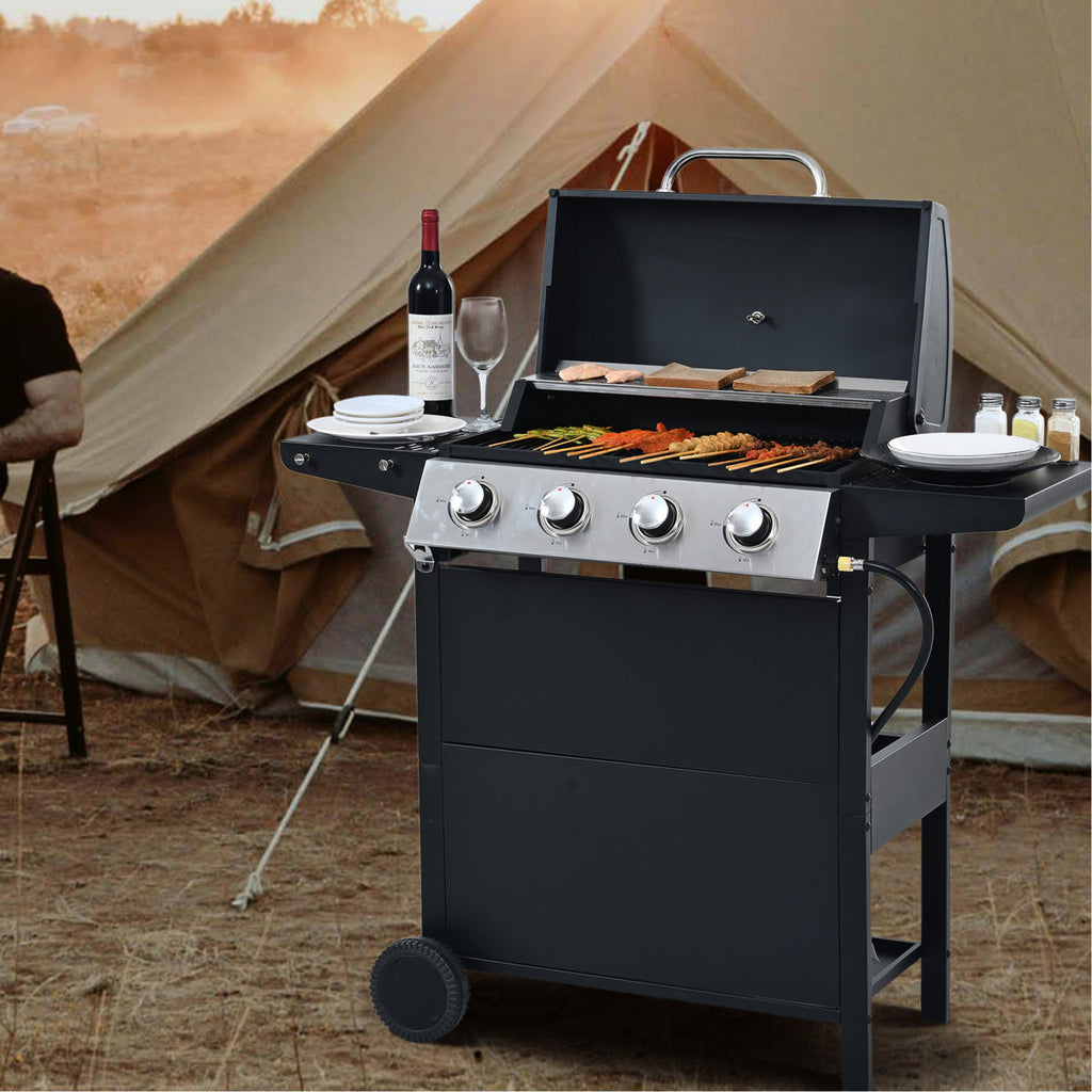 4 Burner Propane Gas Grill, Stainless Steel Construction, 34,000 , With Two Convenient Shelves And Wheels For Courtyard Barbecue Lid, Shelves, Mobile Garden Party