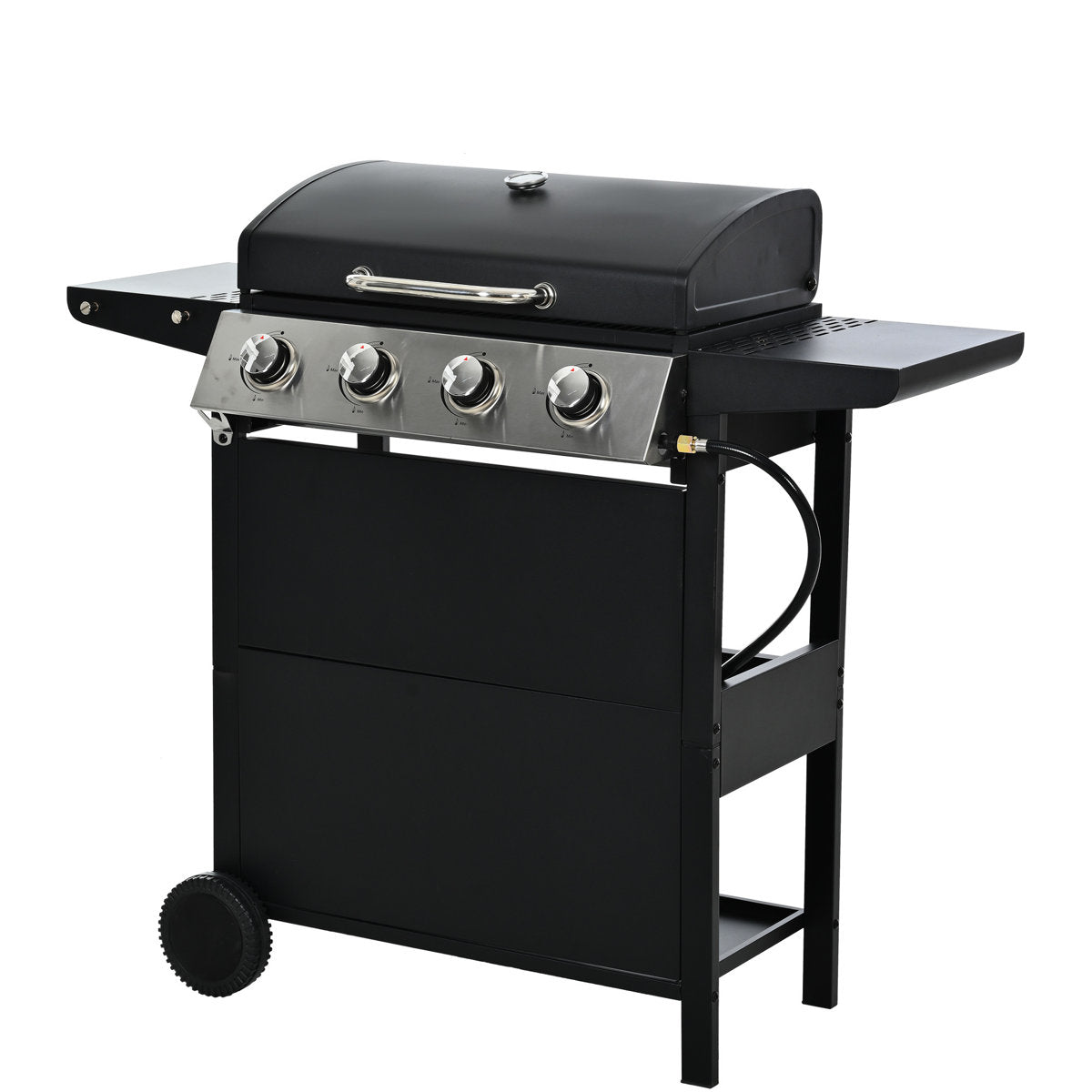 4 Burner Propane Gas Grill, Stainless Steel Construction, 34,000 , With Two Convenient Shelves And Wheels For Courtyard Barbecue Lid, Shelves, Mobile Garden Party