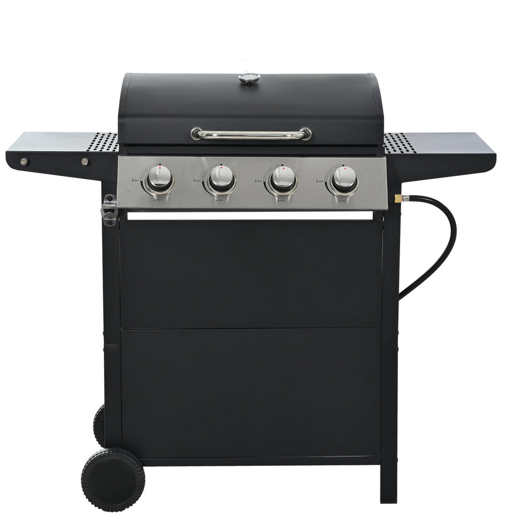 4 Burner Propane Gas Grill, Stainless Steel Construction, 34,000 , With Two Convenient Shelves And Wheels For Courtyard Barbecue Lid, Shelves, Mobile Garden Party