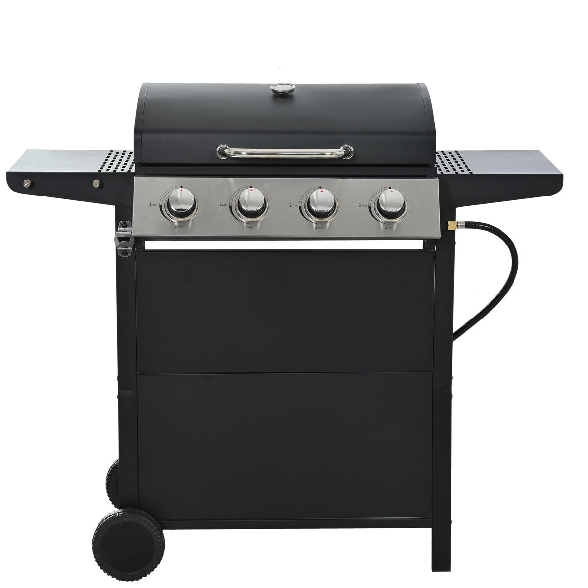 4 Burner Propane Gas Grill, Stainless Steel Construction, 34,000 , With Two Convenient Shelves And Wheels For Courtyard Barbecue Lid, Shelves, Mobile Garden Party