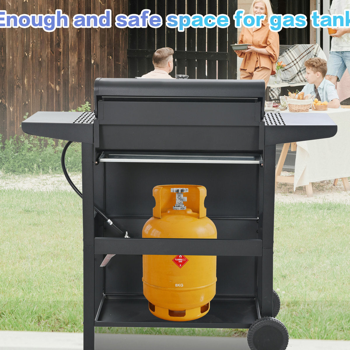 4 Burner Propane Gas Grill, Stainless Steel Construction, 34,000 , With Two Convenient Shelves And Wheels For Courtyard Barbecue Lid, Shelves, Mobile Garden Party