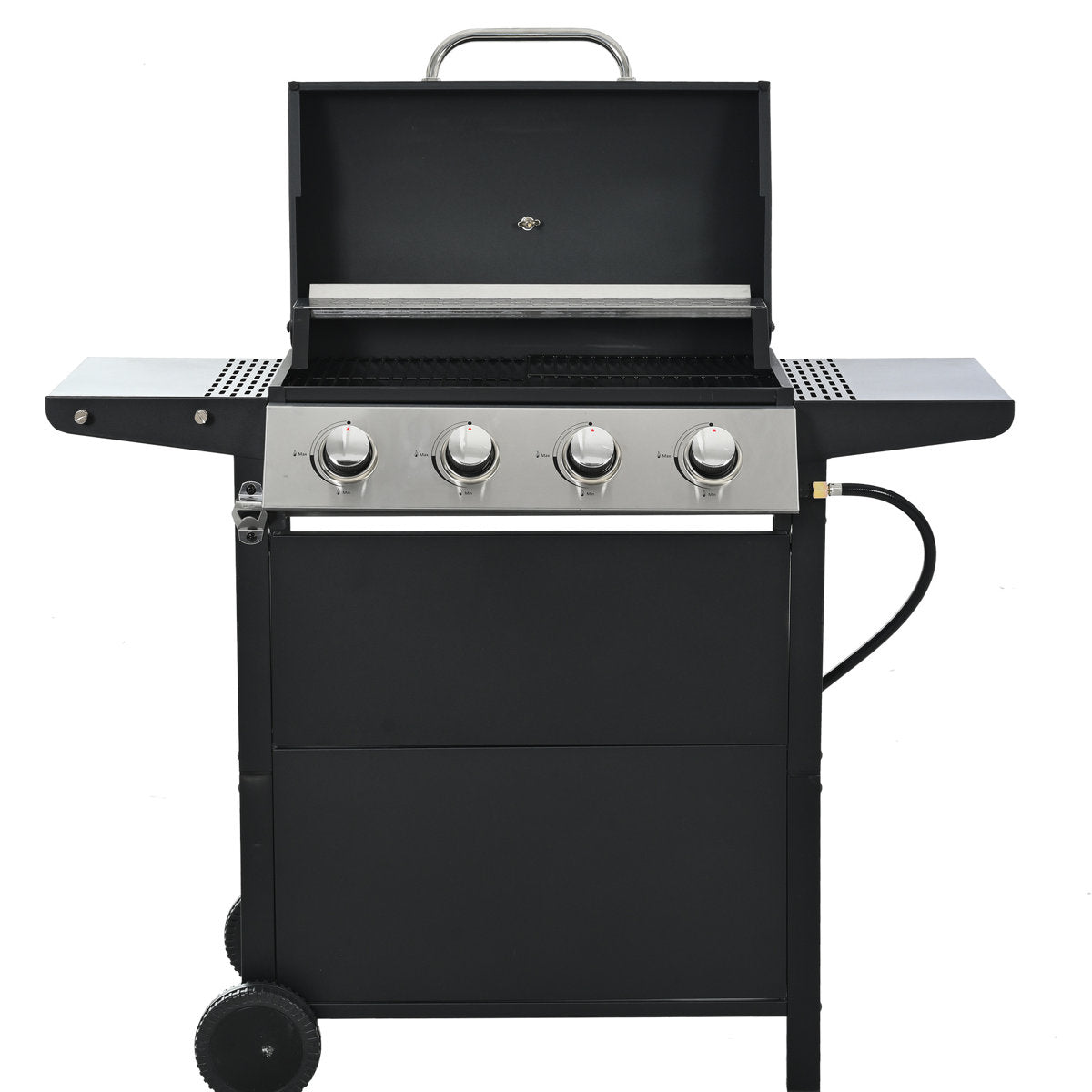 4 Burner Propane Gas Grill, Stainless Steel Construction, 34,000 , With Two Convenient Shelves And Wheels For Courtyard Barbecue Lid, Shelves, Mobile Garden Party