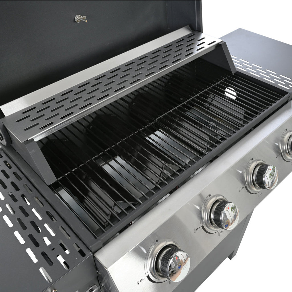 4 Burner Propane Gas Grill, Stainless Steel Construction, 34,000 , With Two Convenient Shelves And Wheels For Courtyard Barbecue Lid, Shelves, Mobile Garden Party