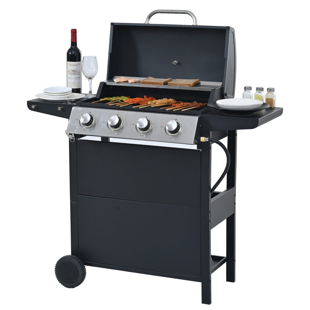 4 Burner Propane Gas Grill, Stainless Steel Construction, 34,000 , With Two Convenient Shelves And Wheels For Courtyard Barbecue Lid, Shelves, Mobile Garden Party