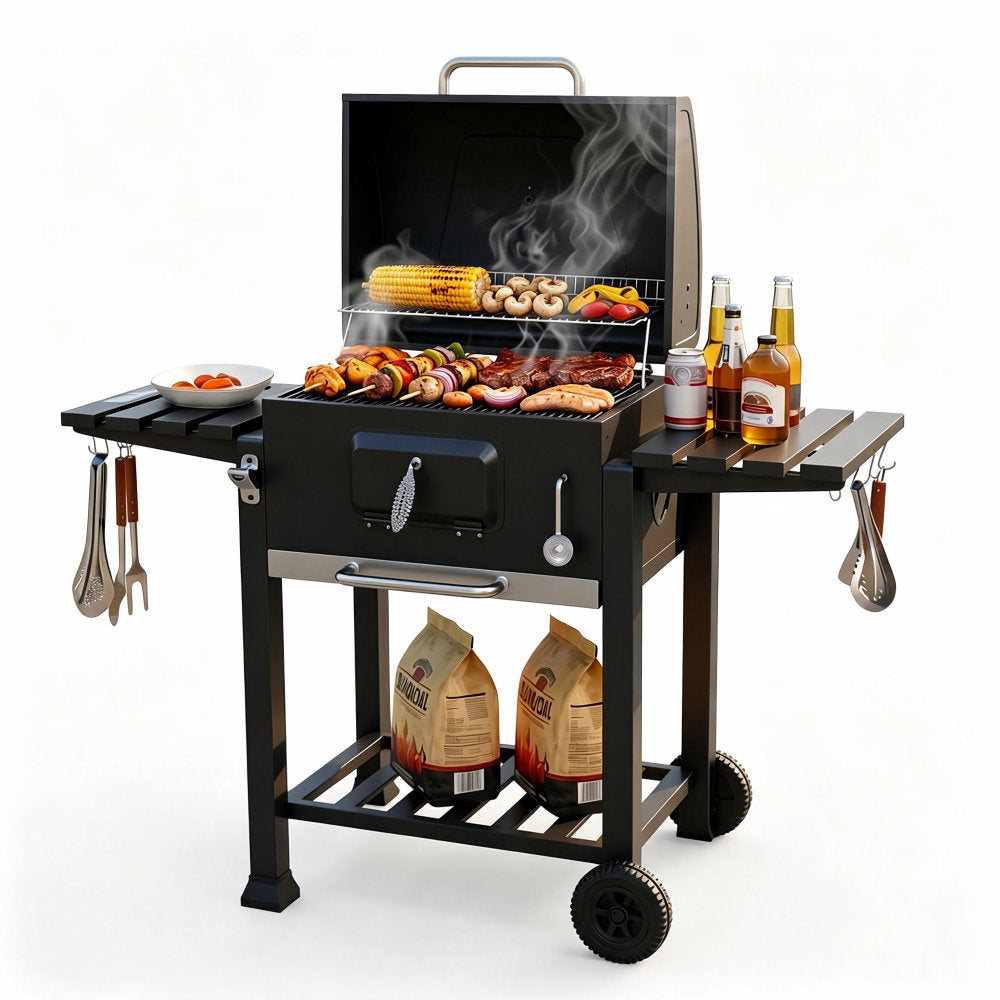 54" Charcoal BBQ Grill With Warming Rack & Wheels