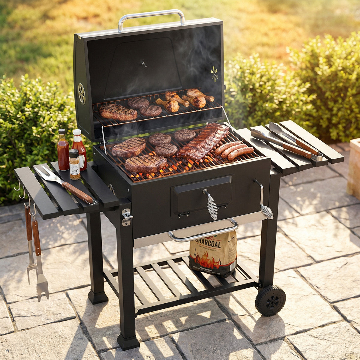 54" Charcoal BBQ Grill With Warming Rack & Wheels