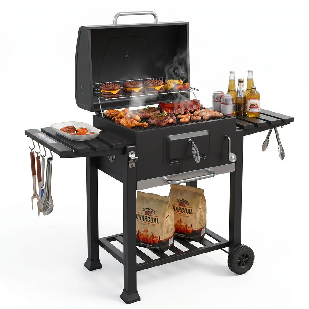 54" Charcoal BBQ Grill With Warming Rack & Wheels