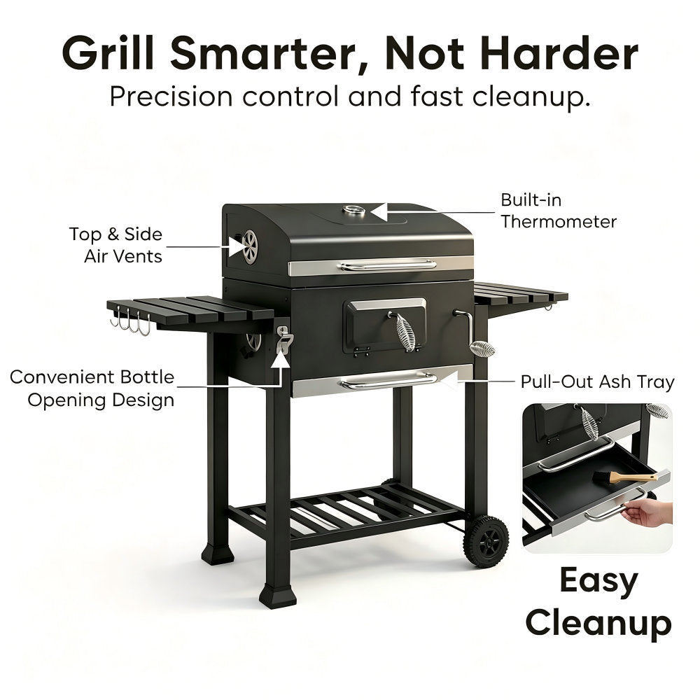 54" Charcoal BBQ Grill With Warming Rack & Wheels