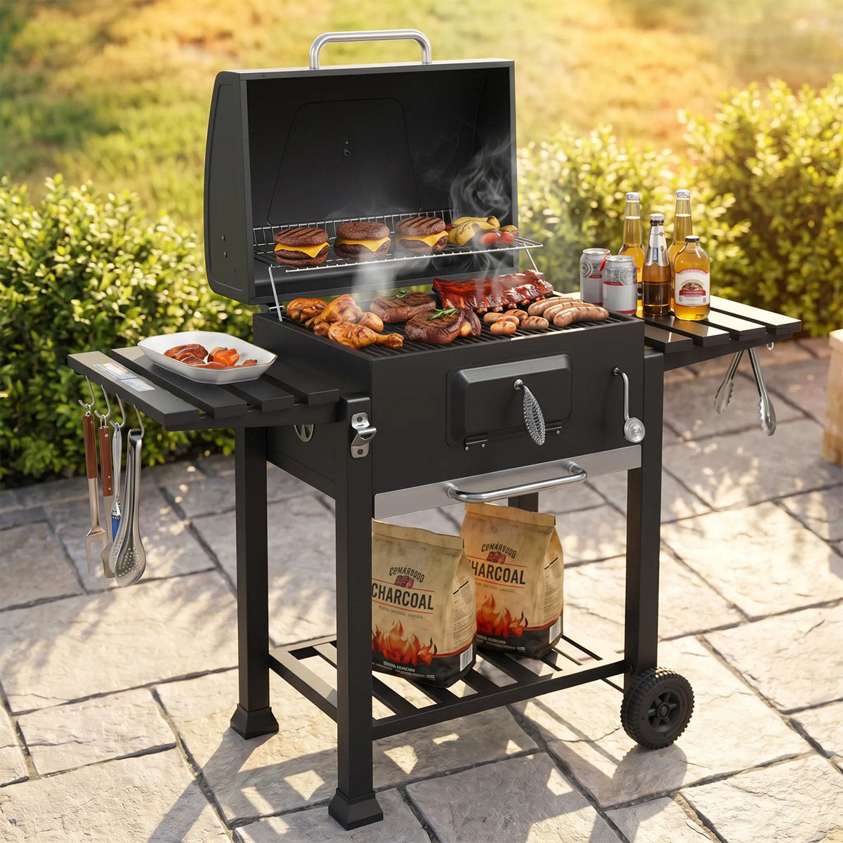 54" Charcoal BBQ Grill With Warming Rack & Wheels