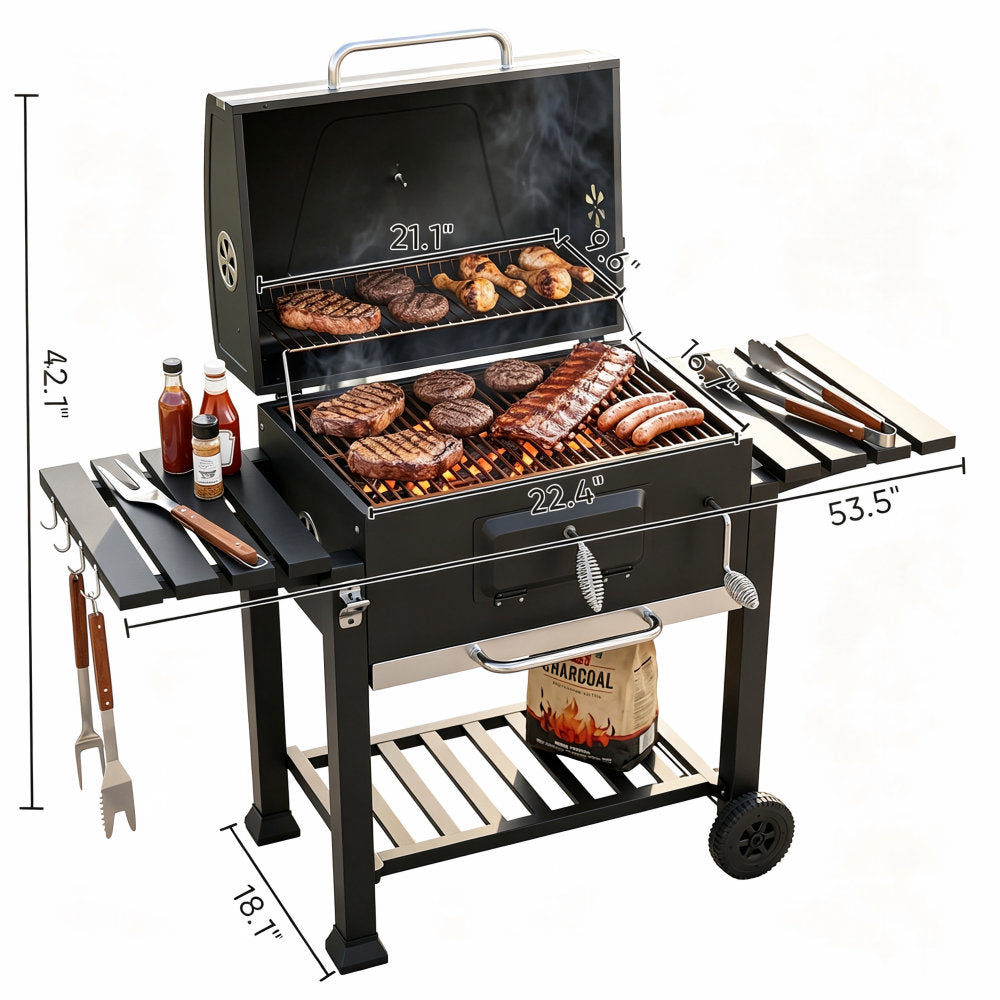 54" Charcoal BBQ Grill With Warming Rack & Wheels
