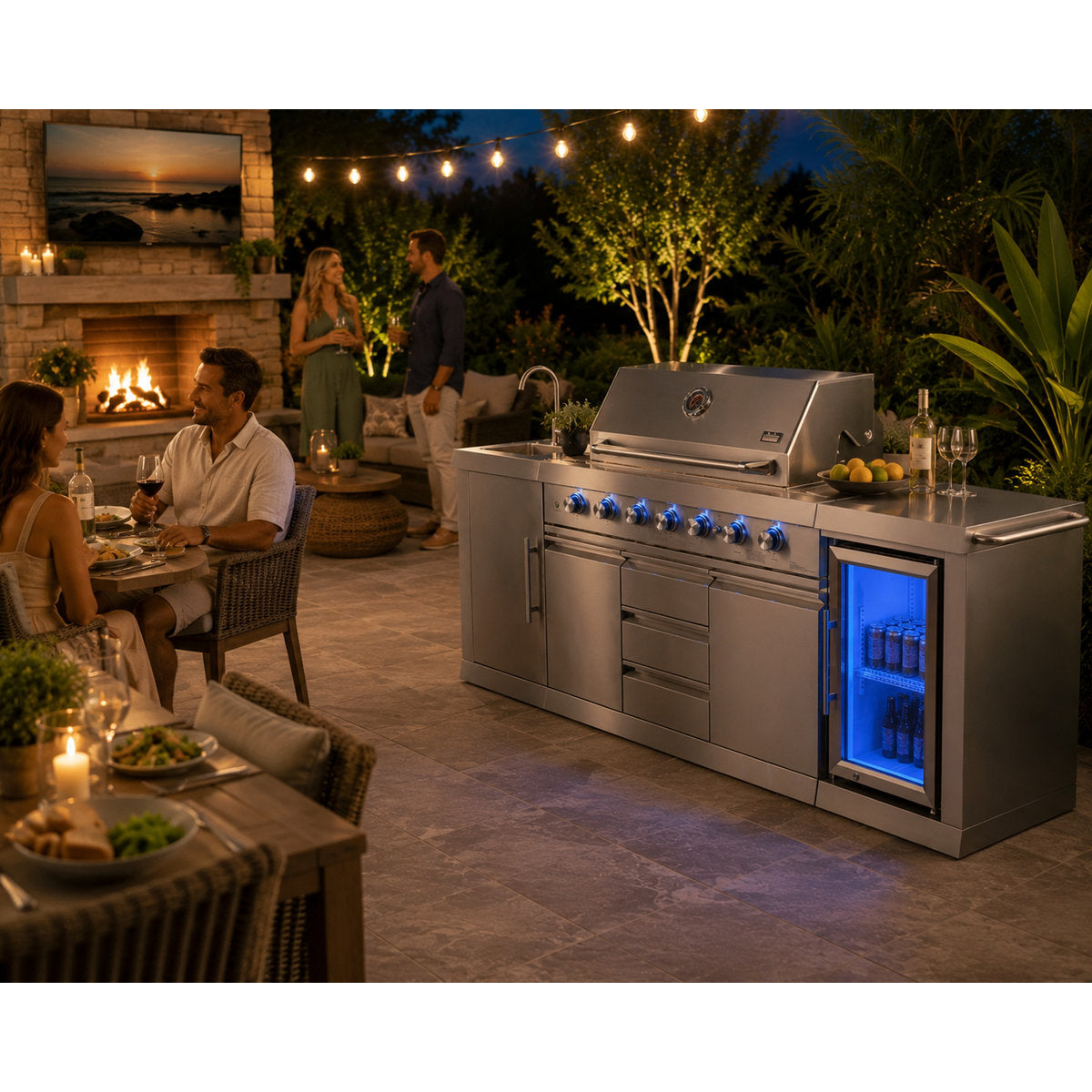 6-Burner Propane Gas Grill Island with Rotisserie and Outdoor Rated Refrigerator and Sink in Stainless Steel