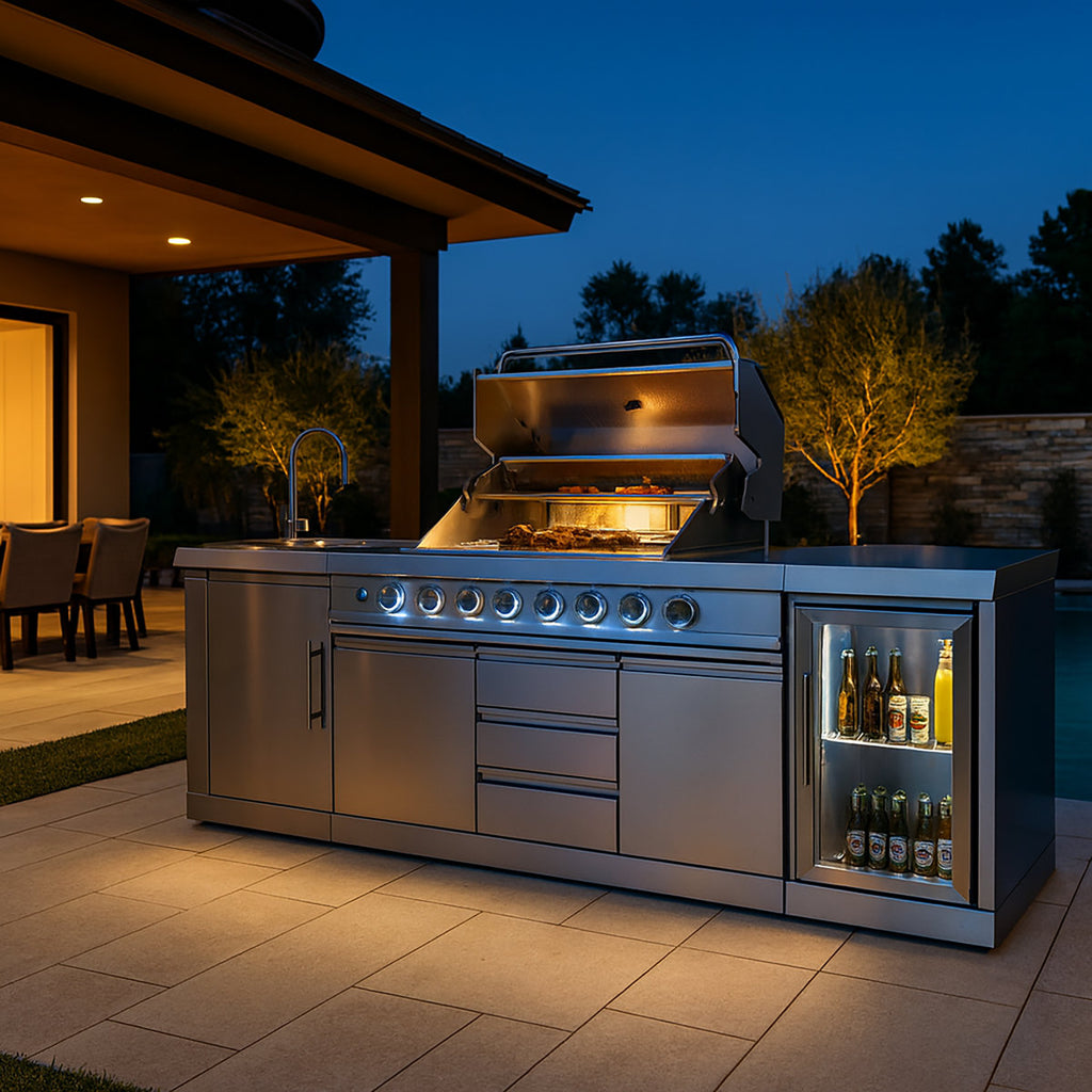 6-Burner Propane Gas Grill Island with Rotisserie and Outdoor Rated Refrigerator and Sink in Stainless Steel