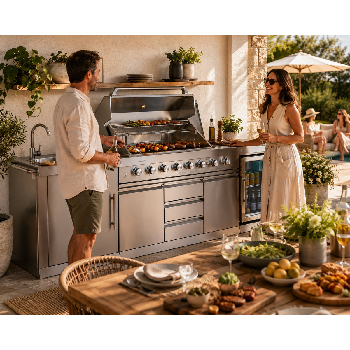 6-Burner Propane Gas Grill Island with Rotisserie and Outdoor Rated Refrigerator and Sink in Stainless Steel