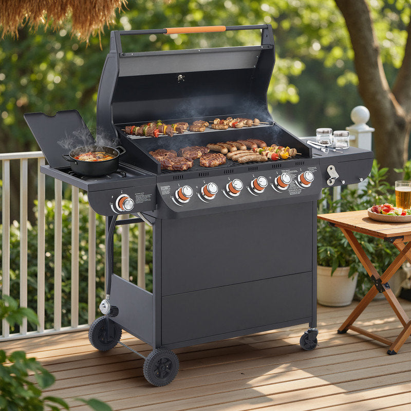 6-Burner Propane Gas Grill with Side Burner, 72,000 BTU 650 Sq In Outdoor BBQ, Cast Iron Grates, Warming Rack & Lockable Wheels for Large Parties