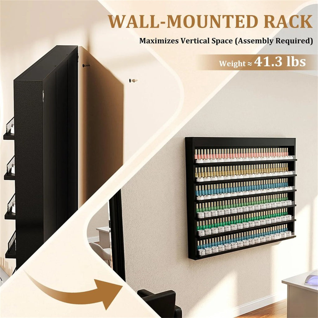 6-Tier Wall Mount Nail Polish Storage Organizer Rack with Clear Acrylic Safety Barriers for Salon