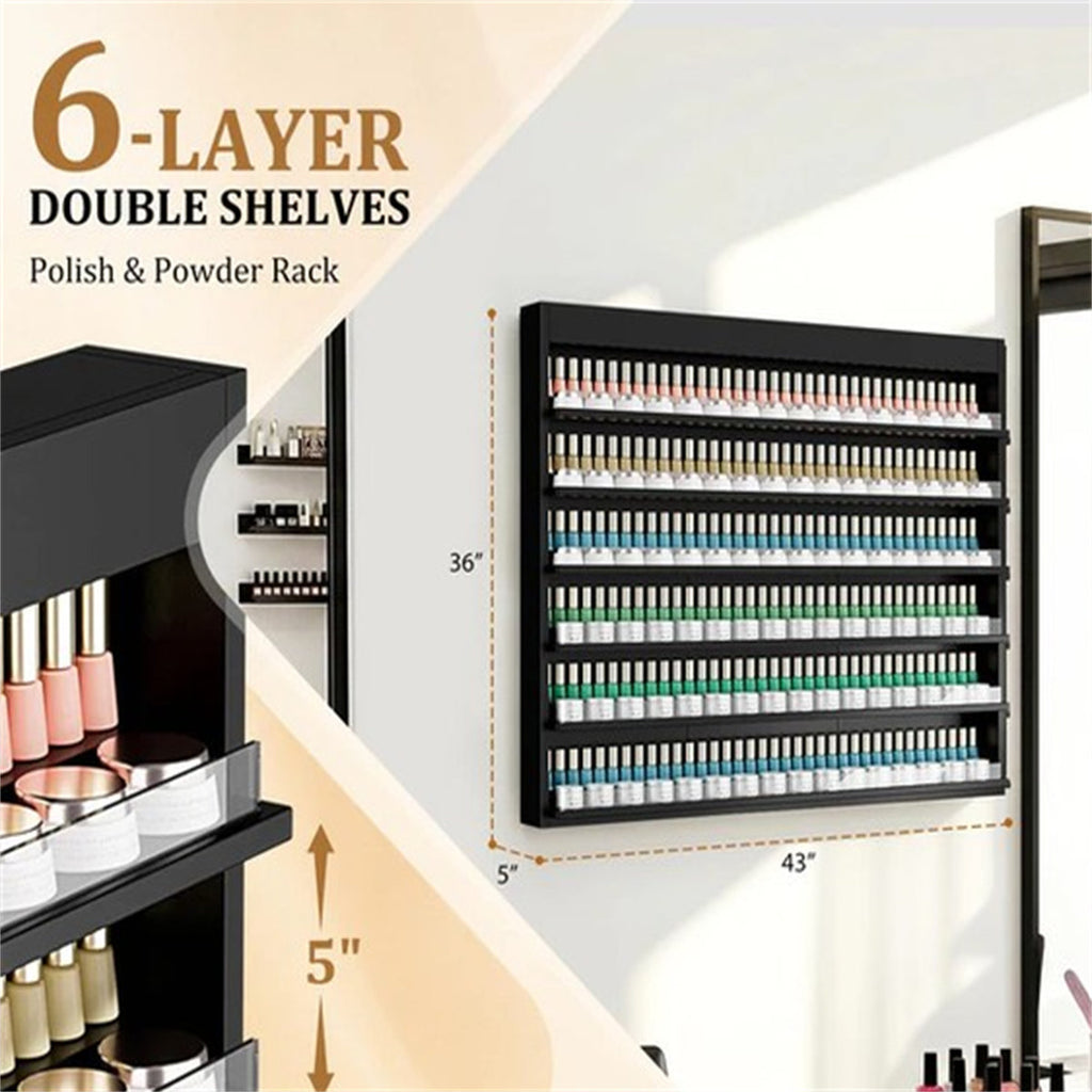 6-Tier Wall Mount Nail Polish Storage Organizer Rack with Clear Acrylic Safety Barriers for Salon