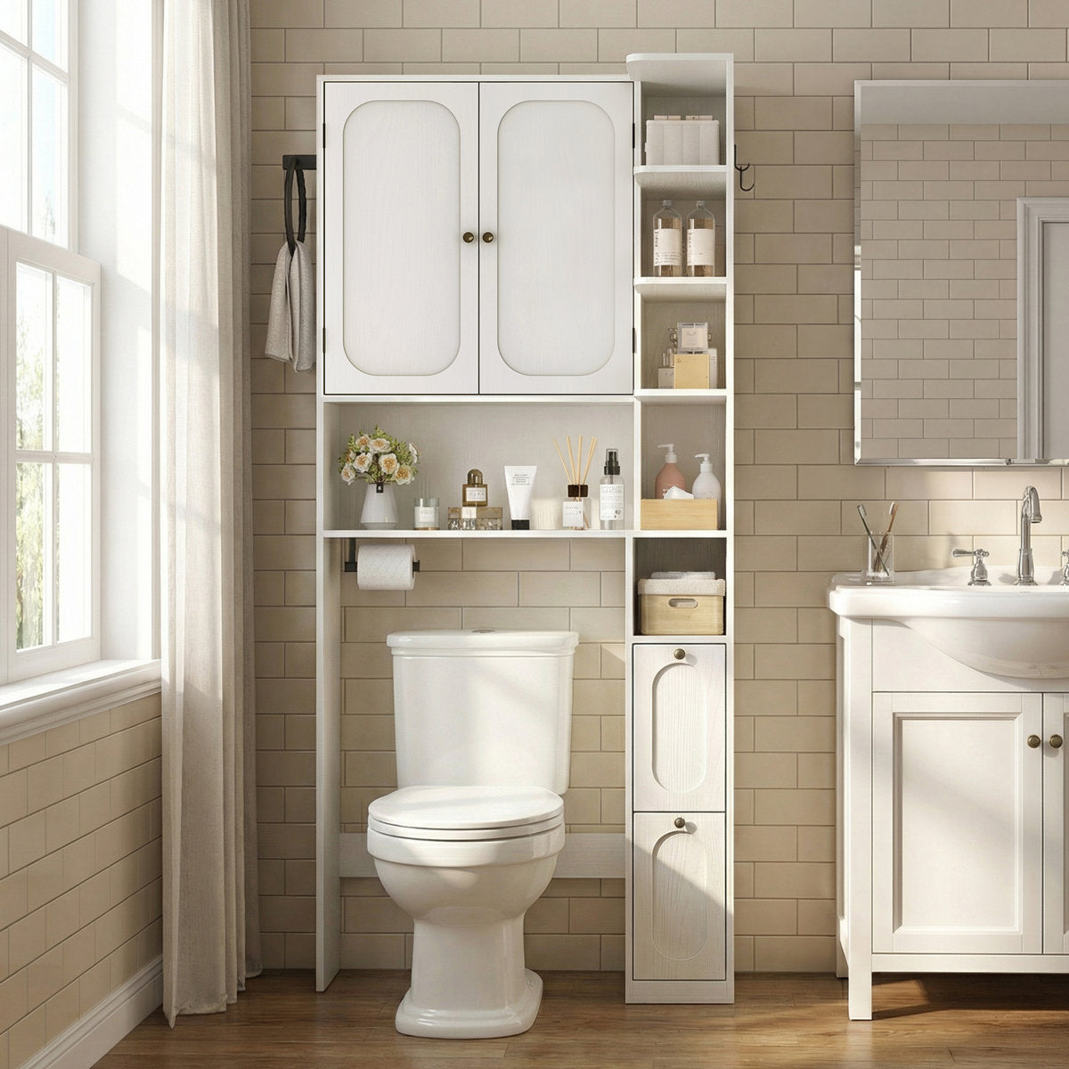 68.1" 7-Tier L-Shaped Over the Toilet Storage Cabinet with Doors, 2 Large Drawers for Bathroom