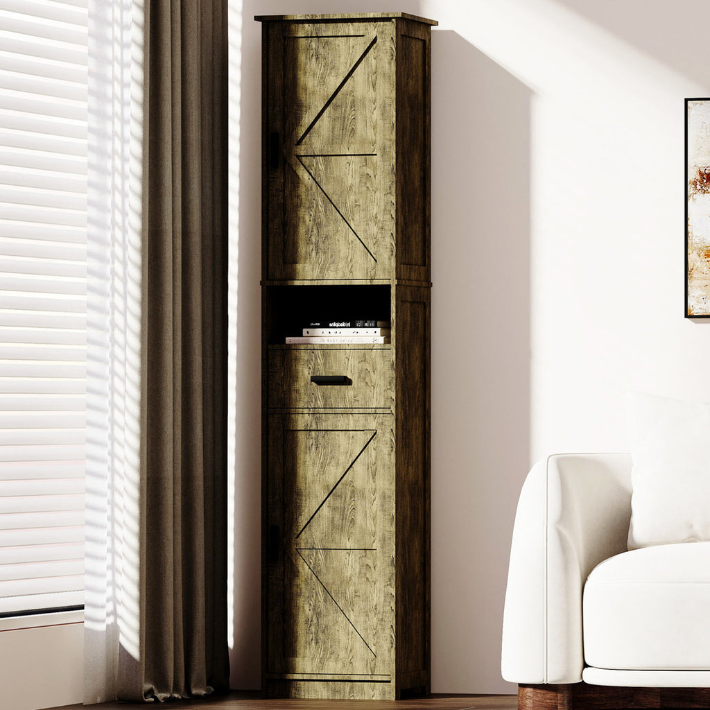 69" H Tall Storage Cabinet With 2 Barn Doors & 1 Drawer. Grey, Adjustable Shelves For Bathroom, Living Room, Kitchen And Drawer, Shelves, Space Entryway, Kitchen, Big Area