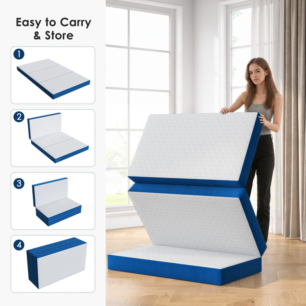 6" Gel Memory Foam Mattress Queen Size, Portable Tri-folding Mattress with Removable Cover