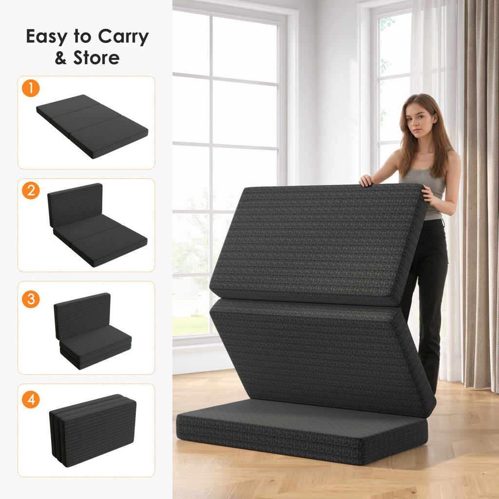 6'' Gel Memory Foam Mattress Queen Size, Portable Tri-folding Mattress With Washable Cover, Black