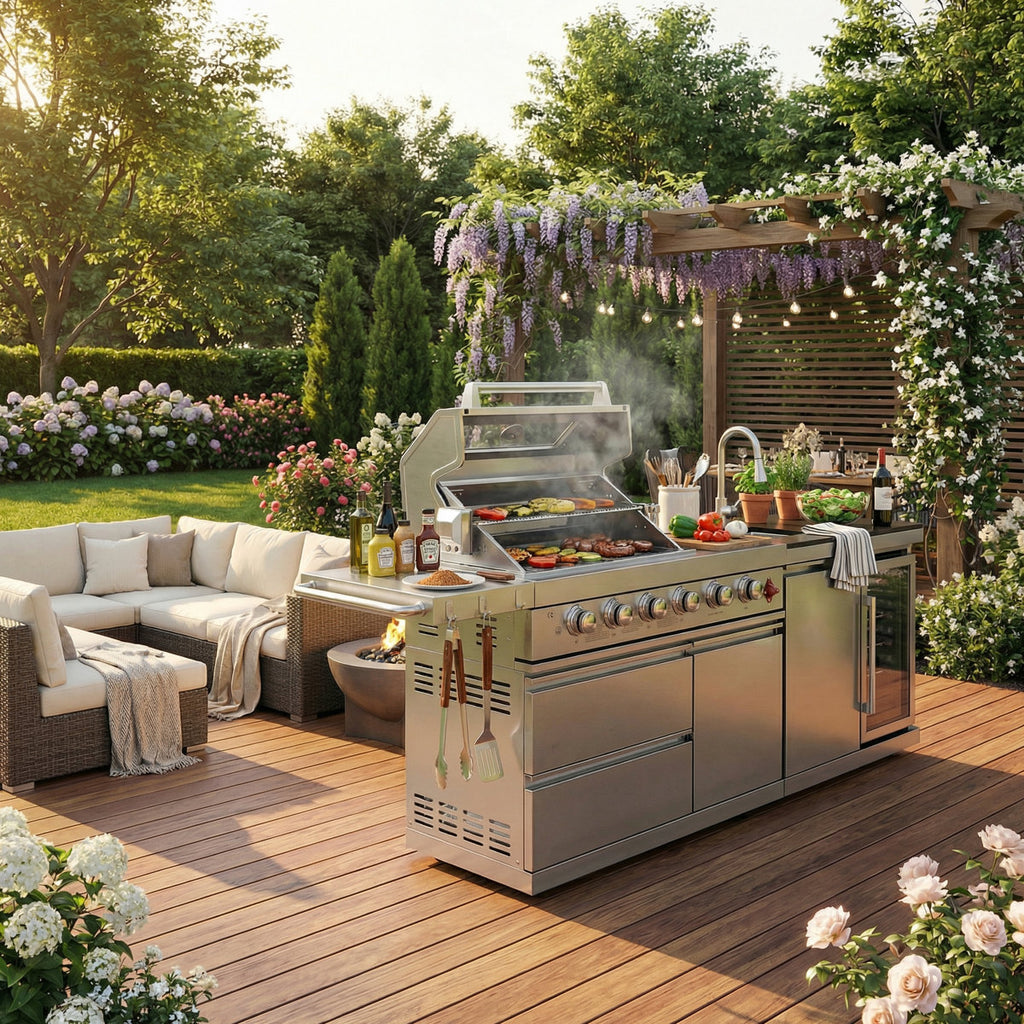 84-Inch Deluxe Stainless Steel Outdoor Kitchen Barbecue Island Grill, 6-Burner 75300 BTU, SS304 Material With Sink, Wine Cooler, Refrigerator, Granite Countertops & Rotisserie Kit, Silver