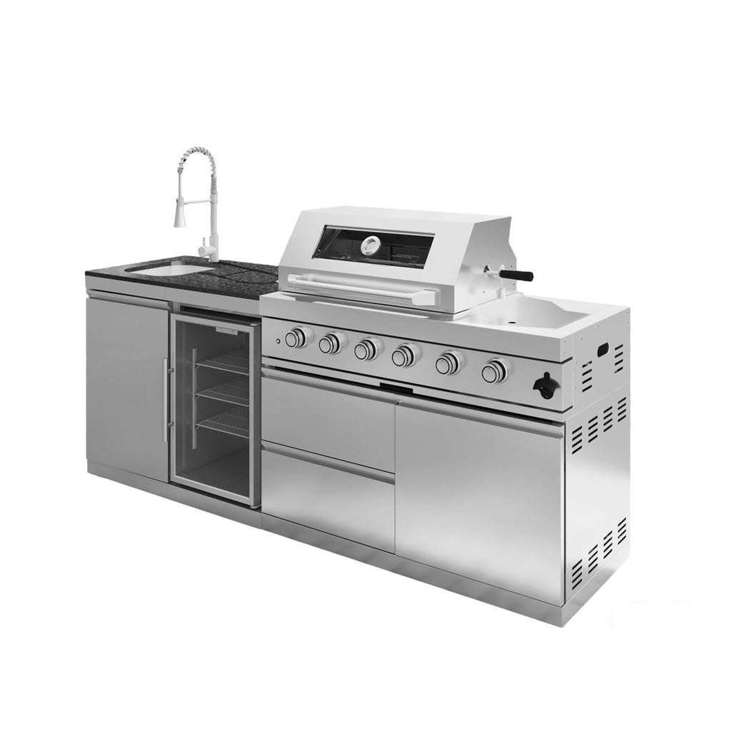 85-Inch 4-Burner 72000 BTU Deluxe Stainless Steel Gas Outdoor Kitchen Bar Barbecue Island Grill + Wine Cooler Compact Refrigerator + Rotisserie Kit + Granite Countertops + Stainless Steel Sink