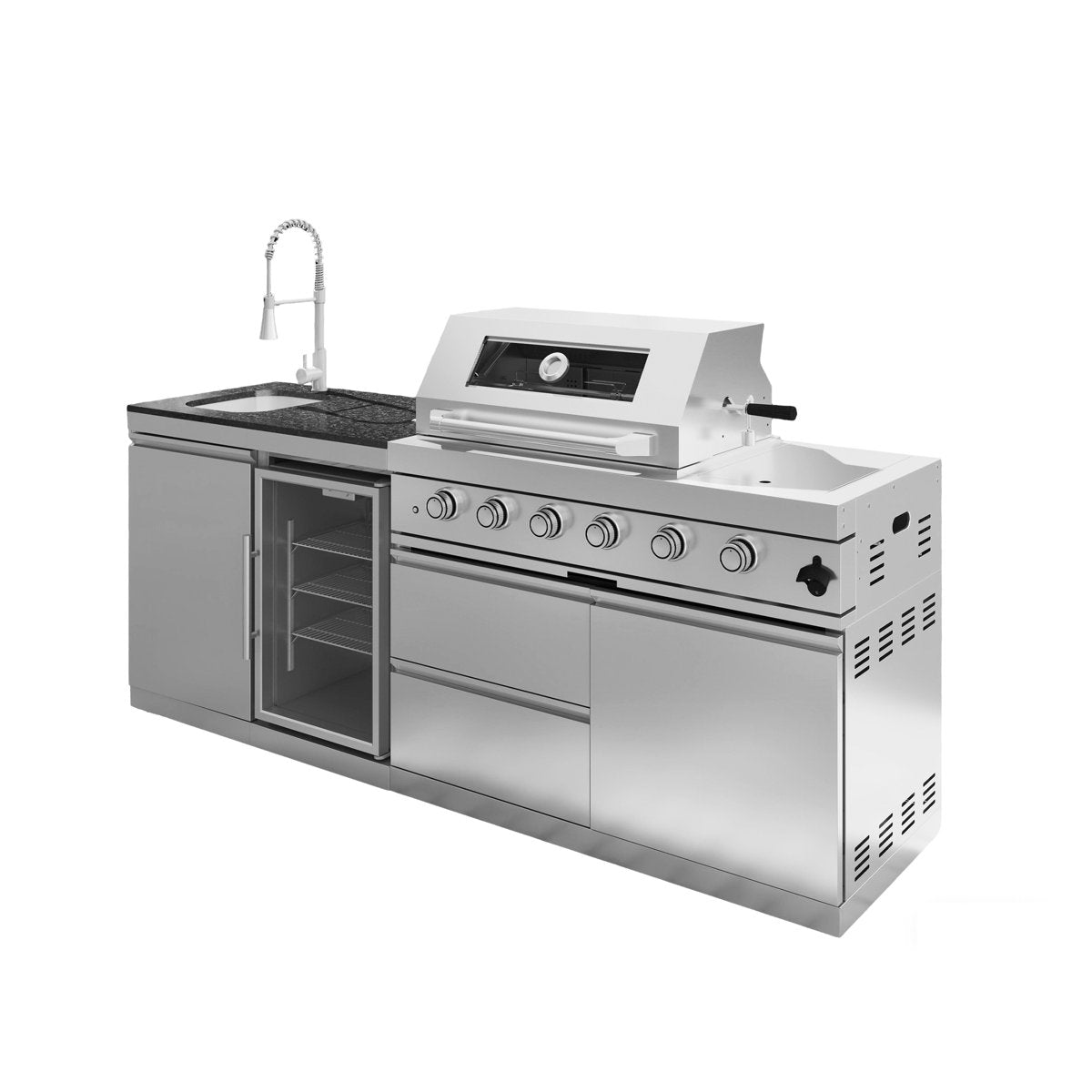 85-Inch 4-Burner 72000 BTU Deluxe Stainless Steel Gas Outdoor Kitchen Bar Barbecue Island Grill + Wine Cooler Compact Refrigerator + Rotisserie Kit + Granite Countertops + Stainless Steel Sink