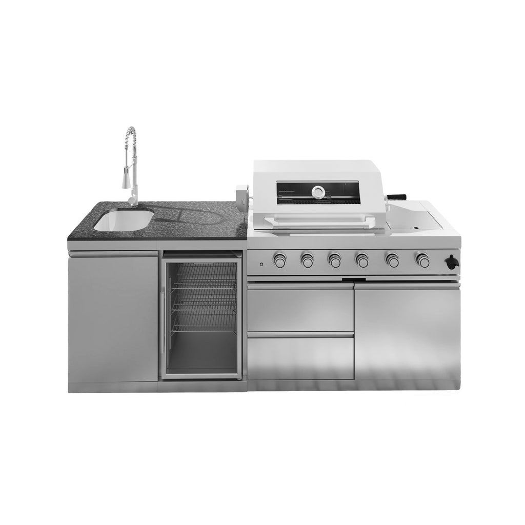 85-Inch 4-Burner 72000 BTU Deluxe Stainless Steel Gas Outdoor Kitchen Bar Barbecue Island Grill + Wine Cooler Compact Refrigerator + Rotisserie Kit + Granite Countertops + Stainless Steel Sink