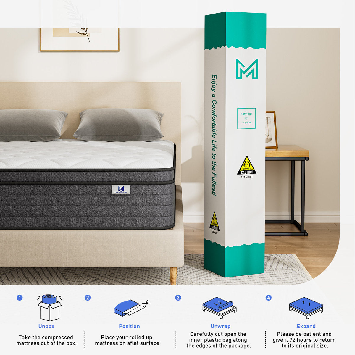 8''/10''/12'' Medium Hybrid Mattress with Pocket Springs, Mattress In A Box, OEKO-TEX® Certified