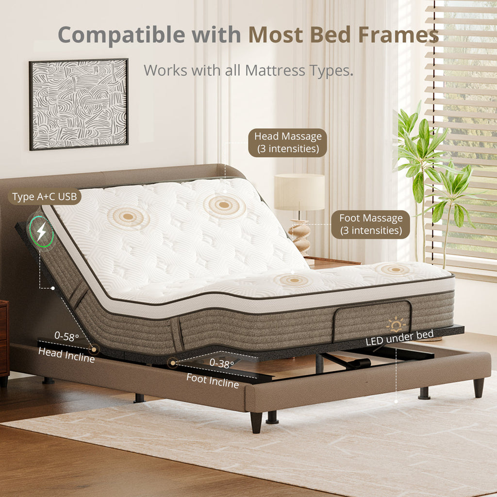 Adjustable Bed With 14”dual Foam Hybrid Mattress-zero Gravity, Massage And Wireless Remote, Underbed Light