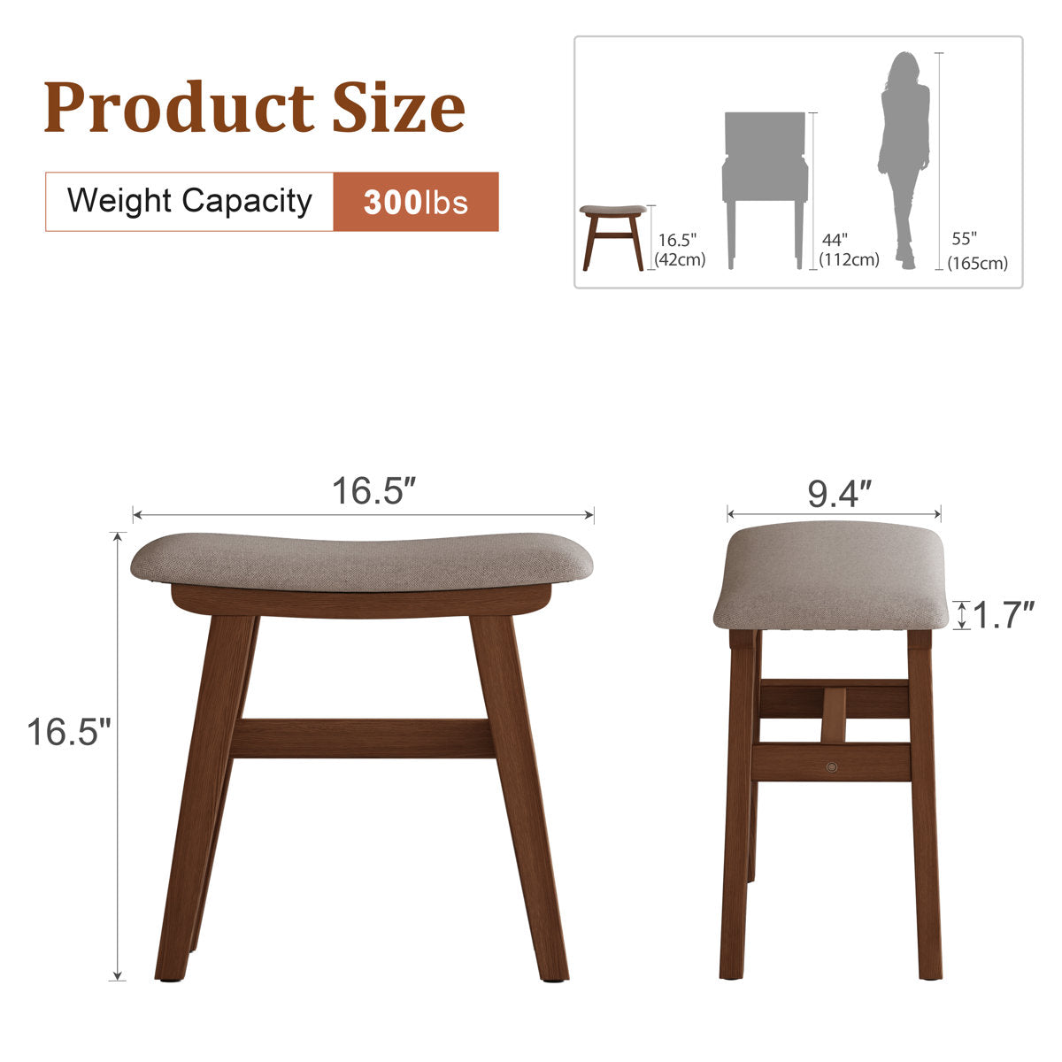 Aevah Solid Wood Vanity Stool with Saddle Cushion, High-Rebound Sponge Seat, Easy Assembly Makeup Chair