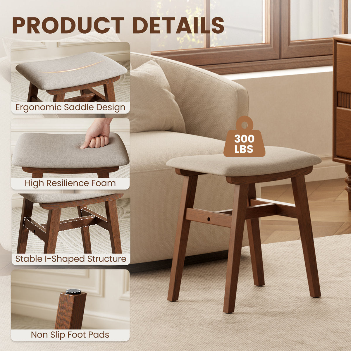 Aevah Solid Wood Vanity Stool with Saddle Cushion, High-Rebound Sponge Seat, Easy Assembly Makeup Chair